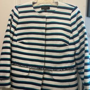 Talbots ivory navy blue teal striped tweed fringe elegant  blazer